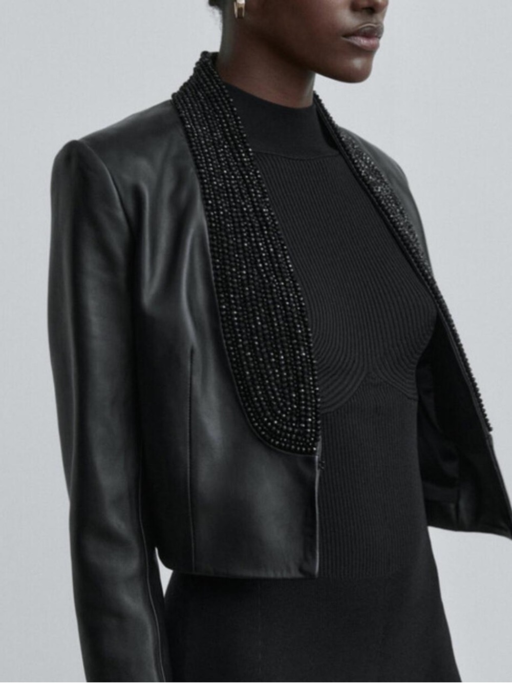 Massimo Dutti Studio Black Genuine Leather Blazer Jacket w Embellished Lapels M